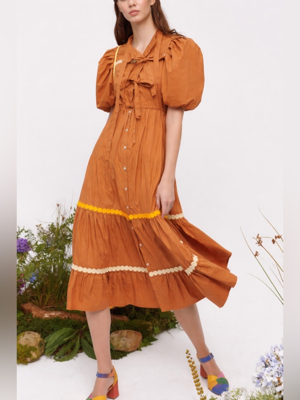 CeliaB / Rust Puff-Sleeve Tiered Midi Dress Trim Detail - Spain - Sz XL - NWT
